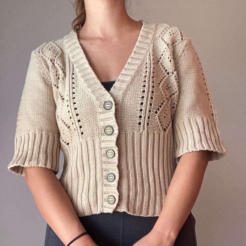 Crochet Knit Tan Delicate Button Top